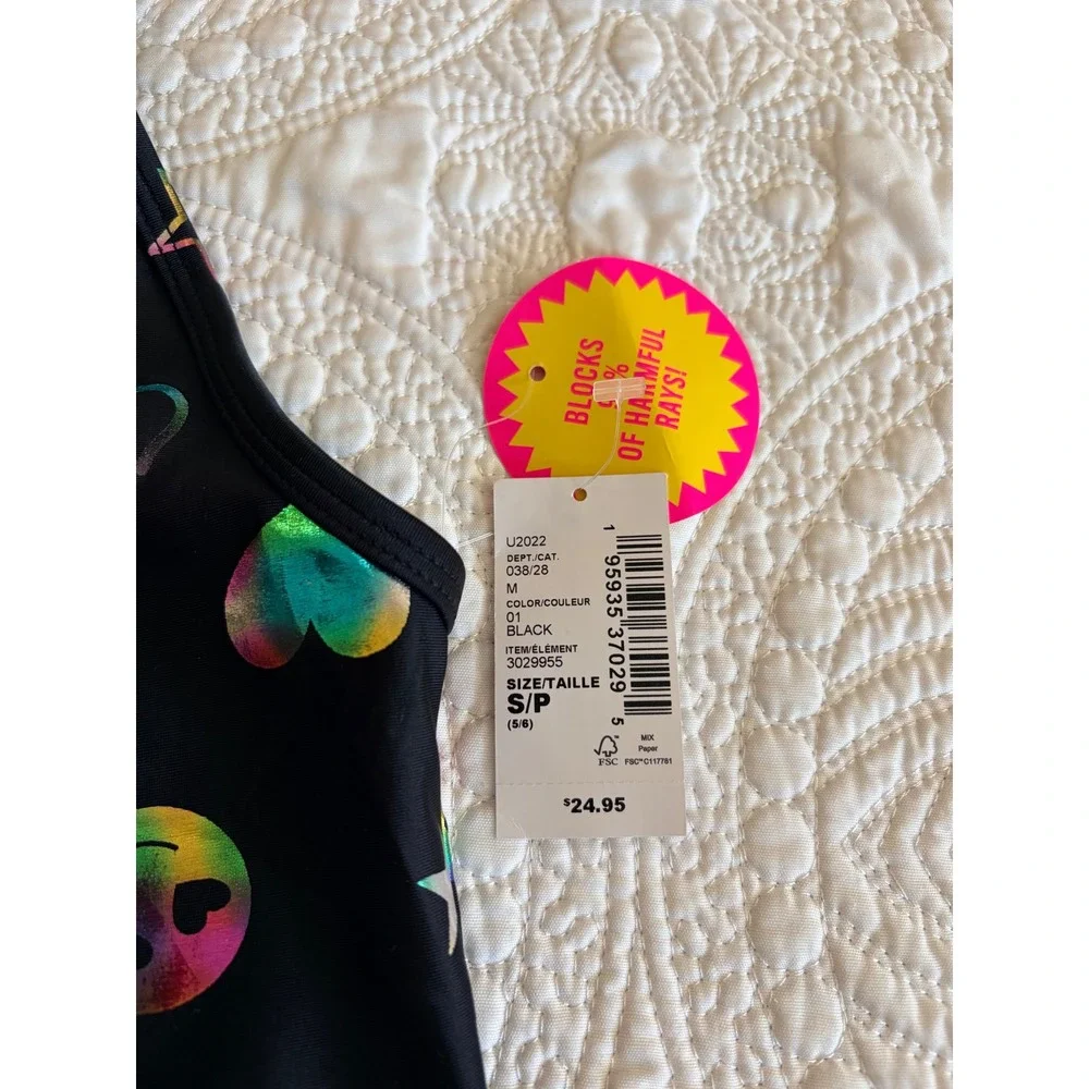 *NWT* Children's Place Girls' One-Piece Swimsuit Size 5/6 Black Shimmer Emoji